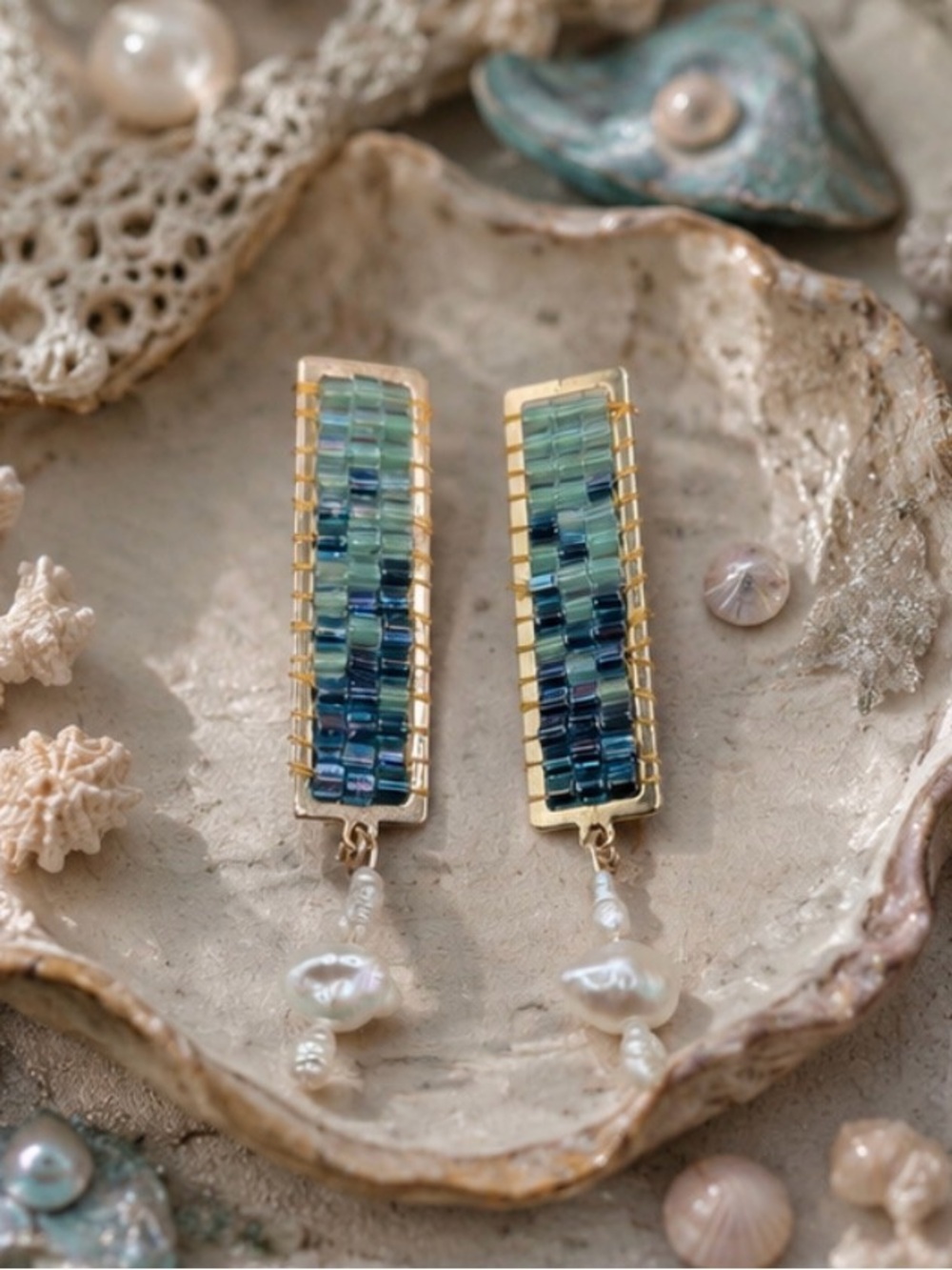 Handmade Gold Bar Earrings with Sea Glass-Bead Inlay and Pearl Drops